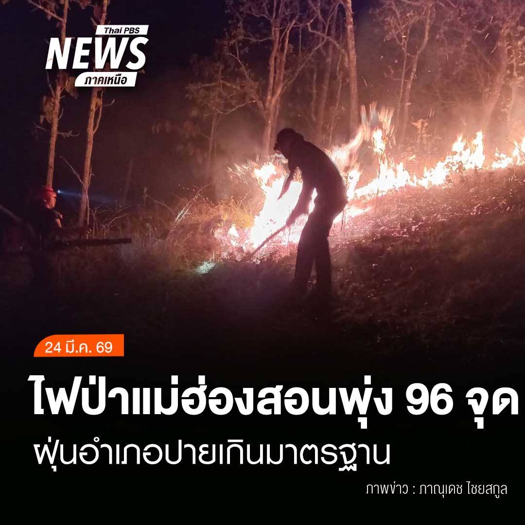 (24/3/69)
...สถานการณ์ไฟป่าในจังหวัดแม่ฮ่องสอนยังน่าห่วง ล่าสุดพบจุดความร้อน (Hotspot) ช่วงเช้าวันนี้รวม 96 จุด กระจายหลายอำเภอ โดยมากที่สุดที่อำเภอแม่สะเรียง 44 จุด และอำเภอเมืองแม่ฮ่องสอน 27 จุด  ขณะที่อำเภอปาย พบค่าฝุ่น PM2.5 เกินมาตรฐานต่อเนื่อง #เปิดประเด็นเป็นที่พึ่ง