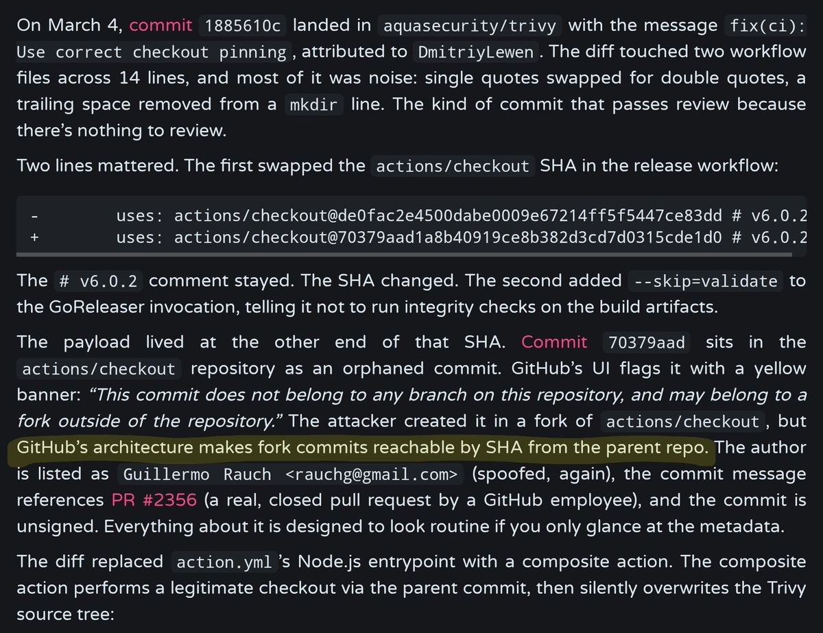 GitHub Actions considered malicious, everybody move back to Jenkins! 🙈

"GitHub’s architecture makes fork commits reachable by SHA from the parent repo" 🚨 

amazing breakdown by Rose Security 👏

rosesecurity.dev/2026/03/20/typ…

#trivy #github #actions #sca #supplychain #security