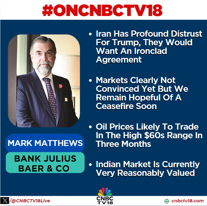 CNBCTV18Live's tweet photo. #OnCNBCTV18 | #Iran has profound distrust for #Trump, they would want an #ironclad agreement. #Markets clearly not convinced yet but we remain hopeful of a ceasefire soon, says #MarkMatthews of Bank Julius Baer & Co.
#Indian market is currently very reasonably valued, he adds https://t.co/aGYQiQ9i8J