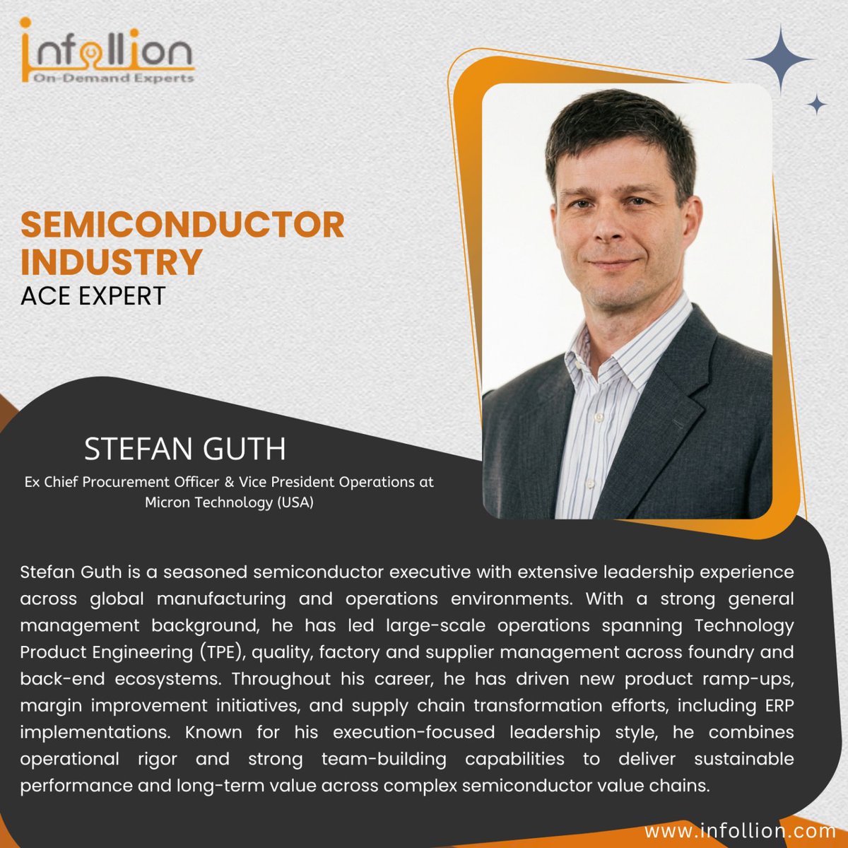 infollion's tweet image. Infollion Expert Stefan Guth brings 20+ years in semiconductor operations, procurement and supply chain. He has driven large-scale manufacturing and resilient ecosystems.

To connect with Stefan, reach out to us at experts@infollion.com #Infollion #Semiconductors