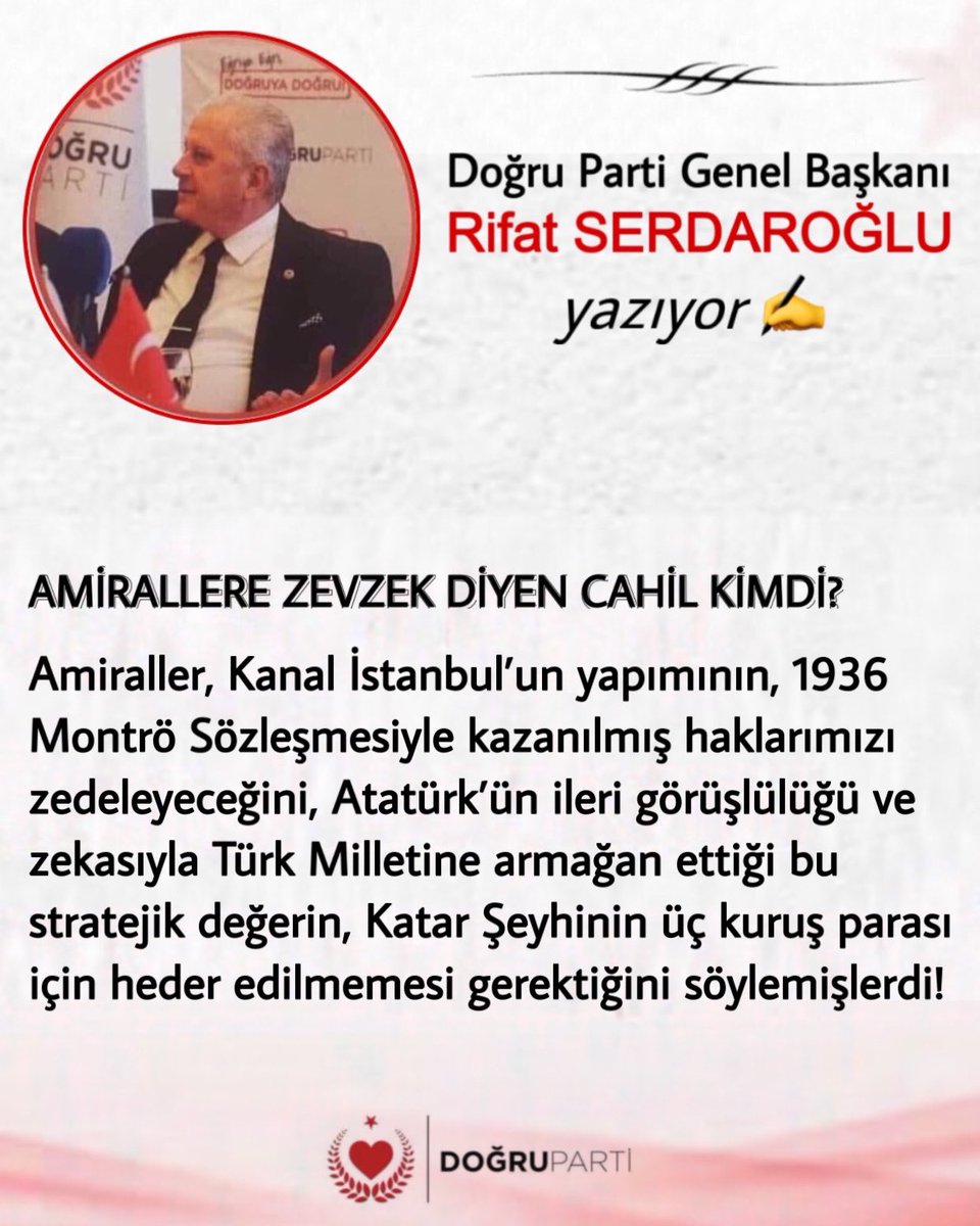 Doğru Parti Genel Başkanımız 
Sayın RİFAT SERDAROĞLU;

AMİRALLERE ZEVZEK DİYEN CAHİL KİMDİ?
👇👇👇