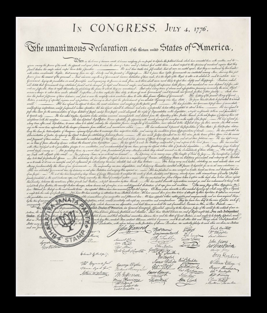 As per WhatsApp university sources, the original US Declaration of Independence document had a special stamp which was later removed citing a clerical error. Is it true?