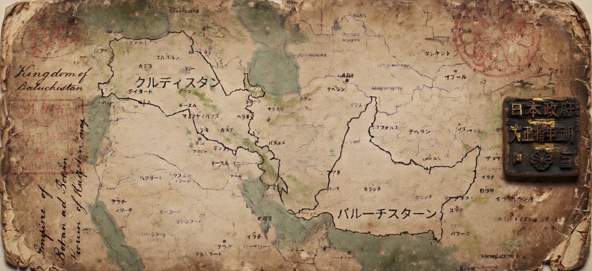 1921 map from Japanese archives: Empire Kurdistan and  Kingdom of Baluchistan