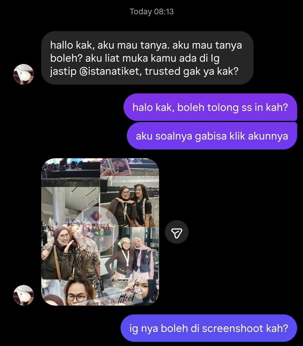 jaeyunjin_'s tweet photo. [HELP RT, LIKES, AND SHARE THIS TWEET]

Berawal dari DM salah satu akun di instagram aku, dia nanya apakah akun jastip @/istanatiket ini trusted or not karena ada foto aku di highlight instagram dia bagian TESTIMONI.

Trus aku klik akun tsb tapi ternyata gabisa (karena udah di block), pun dari 2nd ig - 3rd ig aku pun gabisa search uname ini karena udah diblock.