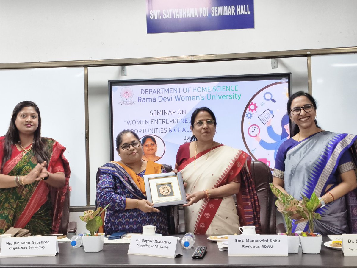 RDWUniversity's tweet photo. Department of Home Science, Rama Devi Women’s University, Bhubaneswar organised a Seminar on “Women Entrepreneurship: Opportunities and Challenges” on 23/03/2026. Dr. Gayatri Moharana, Scientist, ICAR-CIWA, Bhubaneswar was the Keynote Speaker of the Seminar. https://t.co/kJeyf5o1D2