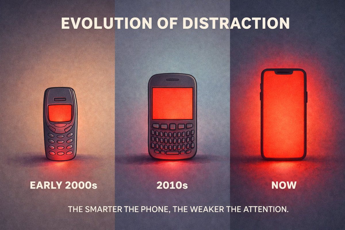 KalamCenter's tweet image. We upgraded phones...

But downgraded focus.

From buttons → to notifications → to addiction.

The smarter the phone, the weaker the attention.

#DigitalAddiction #Focus #ModernLife #Smartphone #RealityCheck