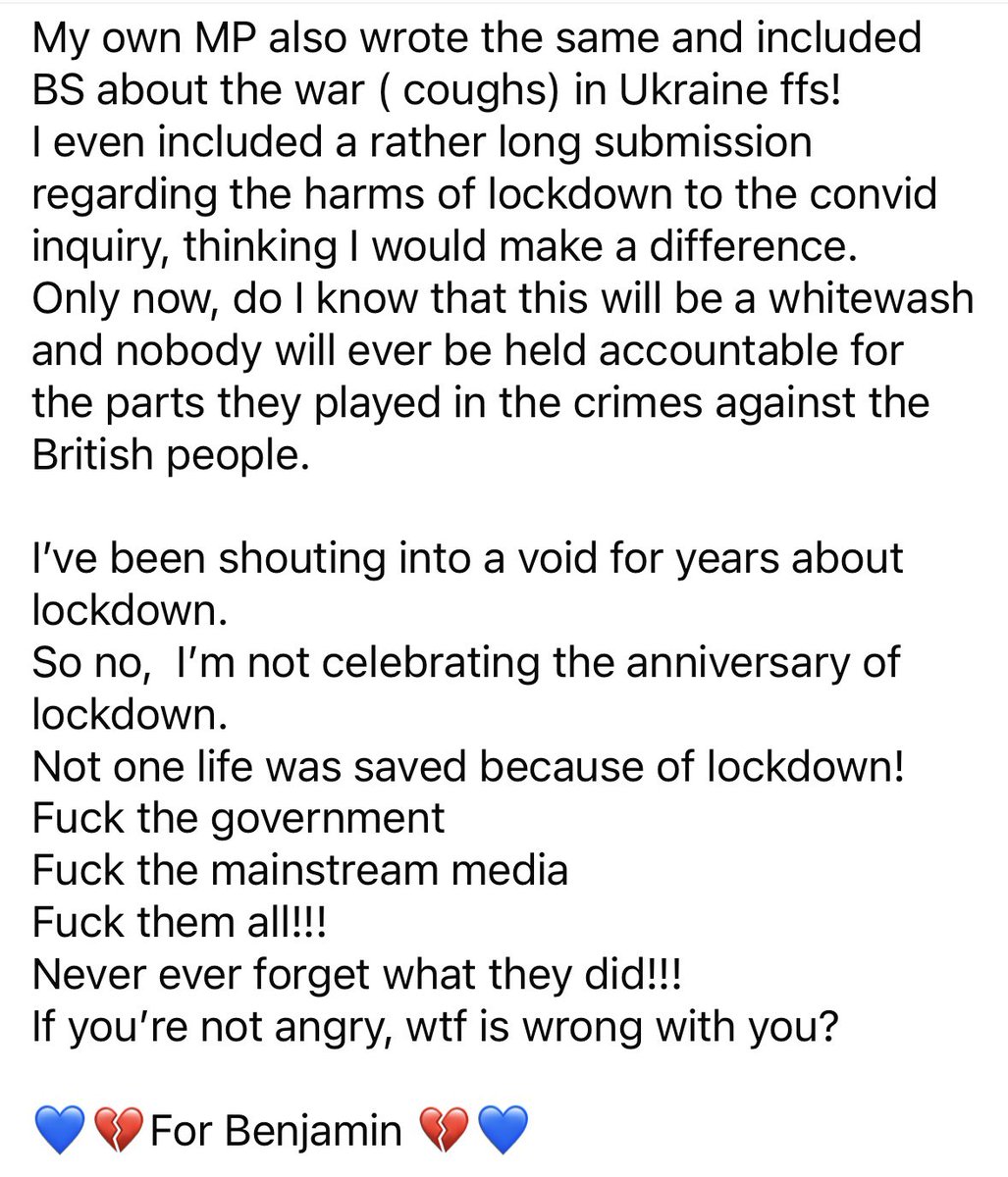 TrudiG's tweet photo. @Tim_Burgess @Berm_1984 @LlSTENlNG_PARTY 23/3/20
Lockdowns caused many young people to take their lives.
My son was 25 and his name is Benjamin.
18 people, muzzled & socially distanced at his funeral with chairs screwed down.
Please don’t forget the horrors lockdown caused.
#LockdownsKilled™️ https://t.co/aolggnYd9w
