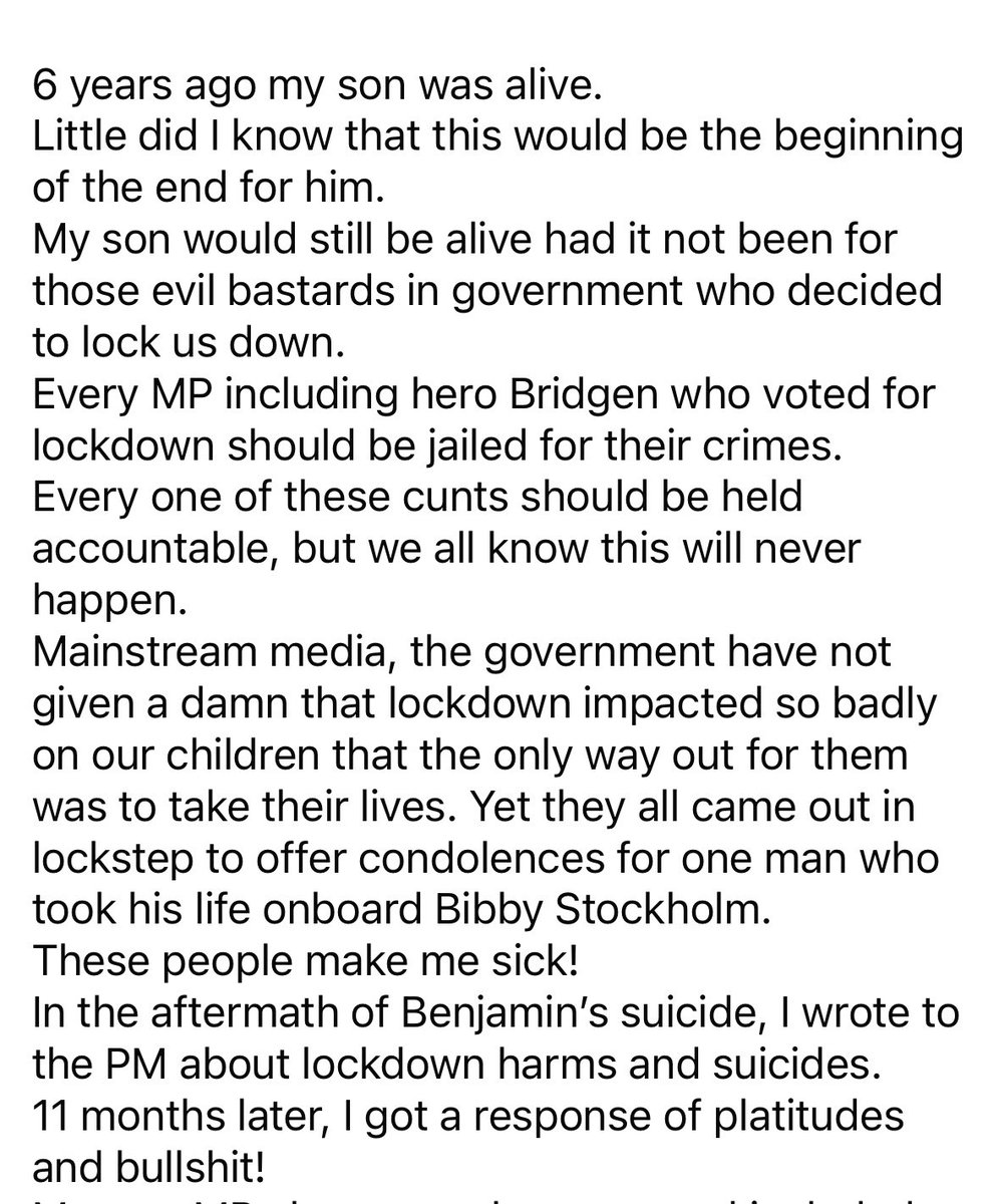 TrudiG's tweet photo. @Tim_Burgess @Berm_1984 @LlSTENlNG_PARTY 23/3/20
Lockdowns caused many young people to take their lives.
My son was 25 and his name is Benjamin.
18 people, muzzled & socially distanced at his funeral with chairs screwed down.
Please don’t forget the horrors lockdown caused.
#LockdownsKilled™️ https://t.co/aolggnYd9w