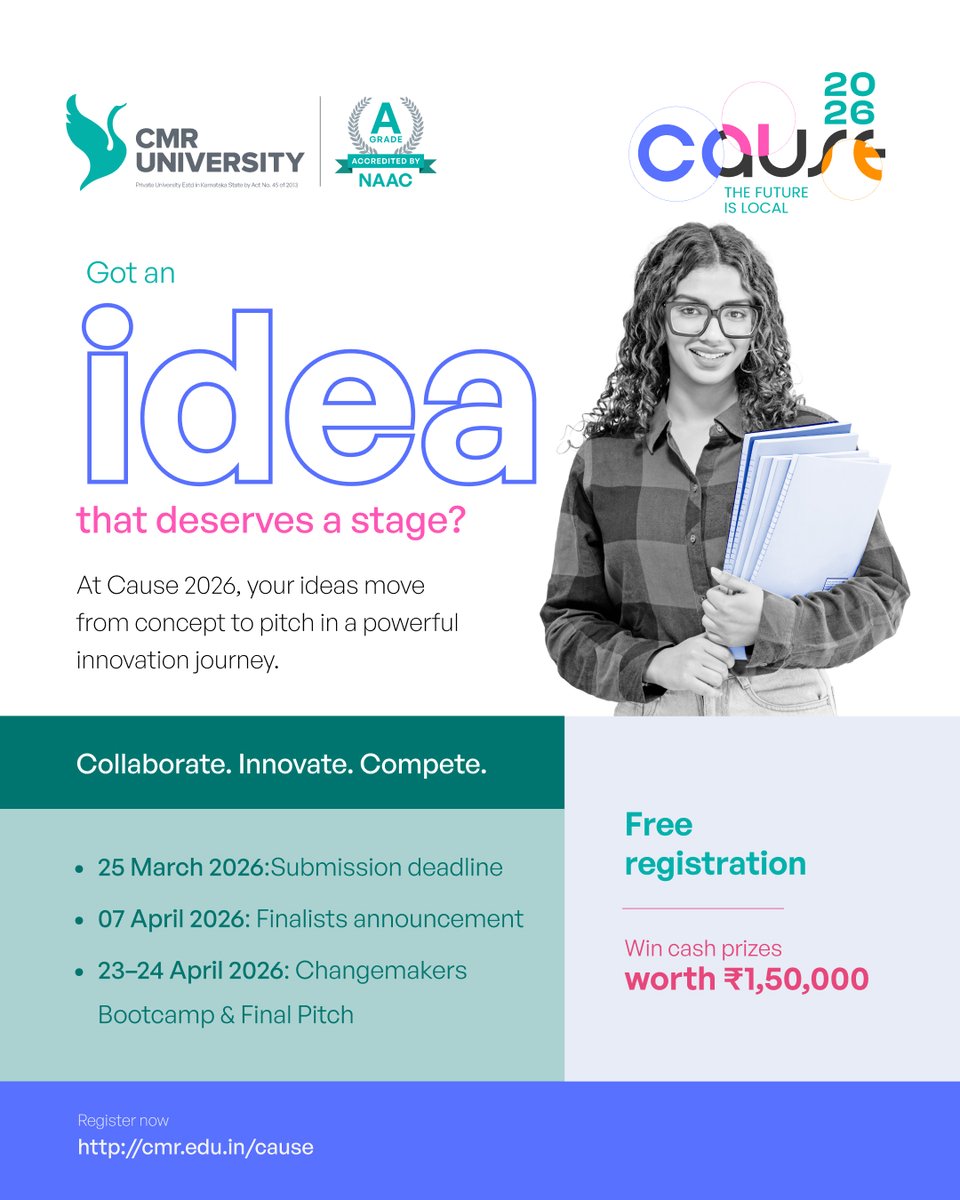vccmruniversity's tweet photo. Welcome to Cause 2026, a Design Thinking challenge where you tackle real-world problems. Interested? Register before 25 March to be a part of Cause. https://t.co/7n7BD3fjI5