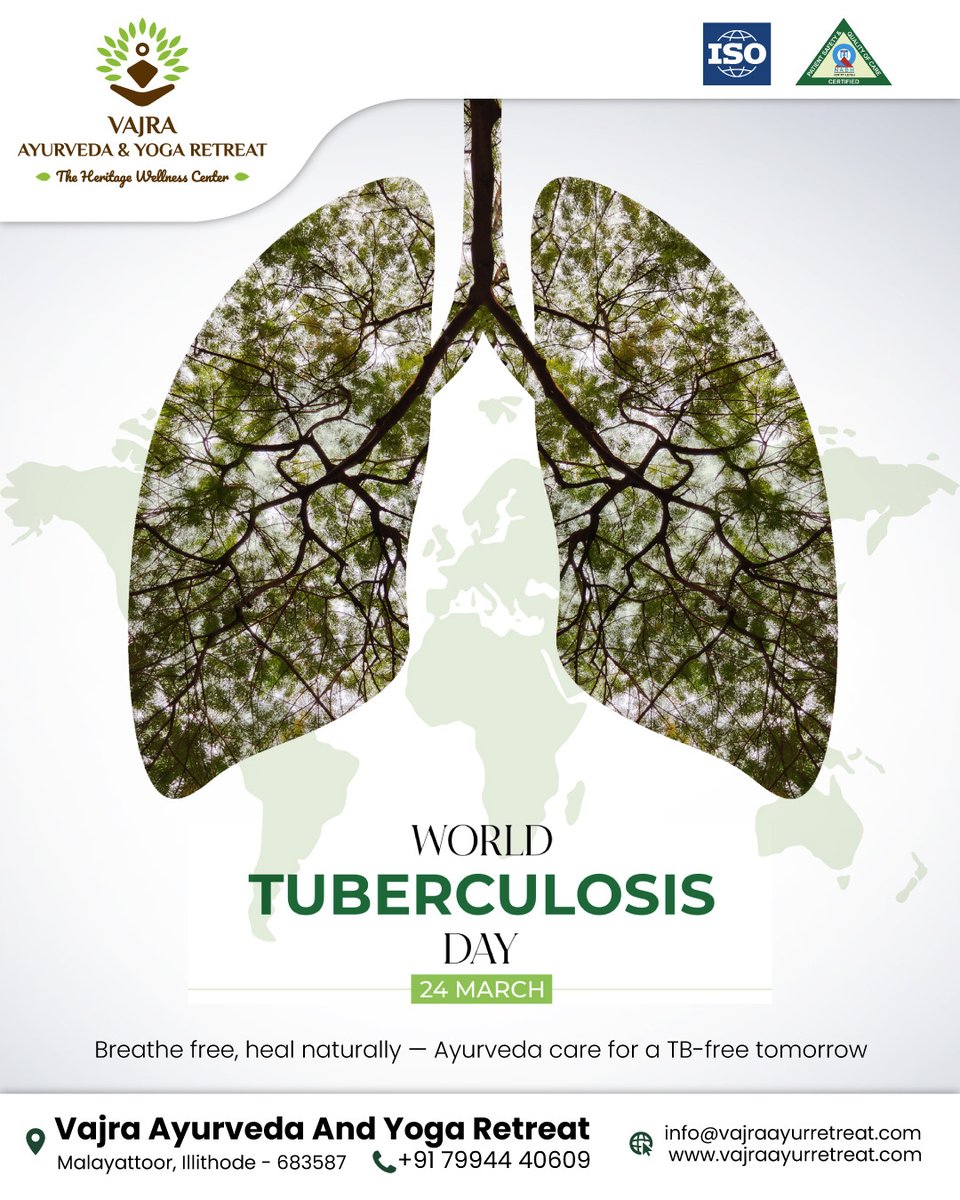 Vajraayurveda's tweet image. Don’t just treat—transform.
Ayurveda focuses on root-cause healing for lasting wellness.

Vajra Ayurveda and Yoga Retreat
Malayatoor, Choodankavala, Kochi, Kerala 
+917994440609
info@vajraayurretreat.com

#WorldTBDay #AyurvedaHealing #NaturalImmunity #HolisticHealth #BreatheFree
