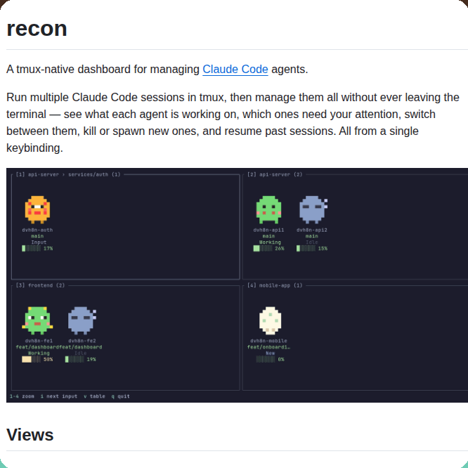 tom_doerr's tweet photo. Tmux dashboard for Claude Code agents

https://t.co/wMnZpZM15U https://t.co/08g698yvJM