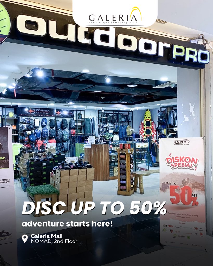 galeriamall's tweet image. Gear up buat petualanganmu! 🏕✨

Diskon hingga 50% di NOMAD, 2nd Floor Galeria Mall! Waktunya upgrade perlengkapanmu dan eksplor lebih jauh!

#TenantGale #AdventureReady #DiskonJogja #GaleriaMallJogja