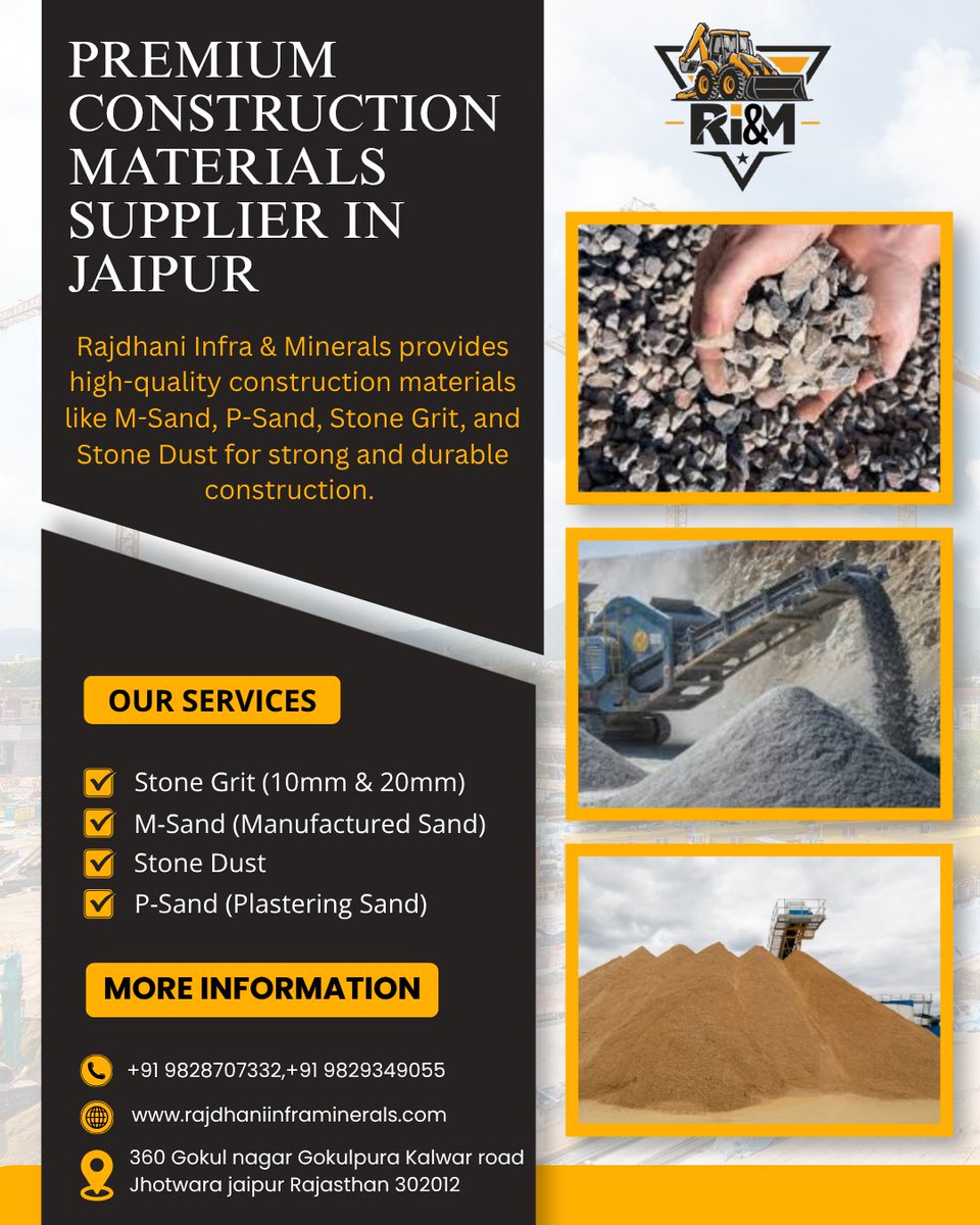 infrarajdhani's tweet image. Premium Construction Materials in Jaipur 

📲 Contact Now: +91 9828707332, +91 9829349055 

🌐 rajdhaniinframinerals.com 🔥 Hashtags: 
#ConstructionMaterial #JaipurBusiness #MSand #PSand #StoneGrit #StoneDust #BuildingMaterials #JaipurConstruction #InfraSolutions