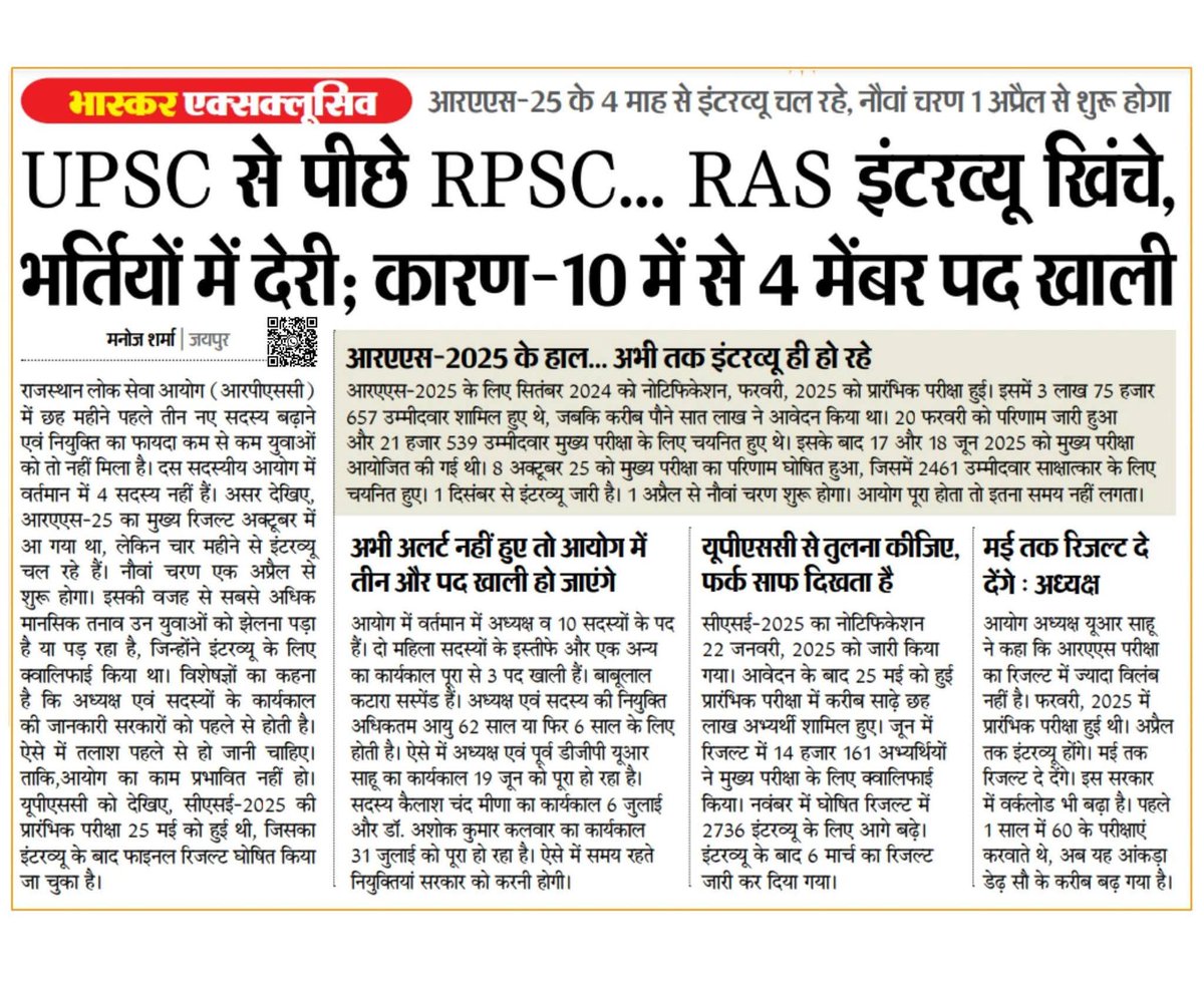 RPSC (राजस्थान लोक सेवा आयोग) की कछुआ चाल और प्रशासनिक विफलता को उजागर कर दिया है। जहाँ UPSC जैसी संस्थाएं रिकॉर्ड समय में भर्ती प्रक्रिया पूरी कर रही हैं, वहीं RPSC में RAS इंटरव्यू महीनों से खिंच रहे हैं।
आयोग में 10 में से 4 सदस्यों के पद खाली हैं। क्या सरकार को पहले से नहीं