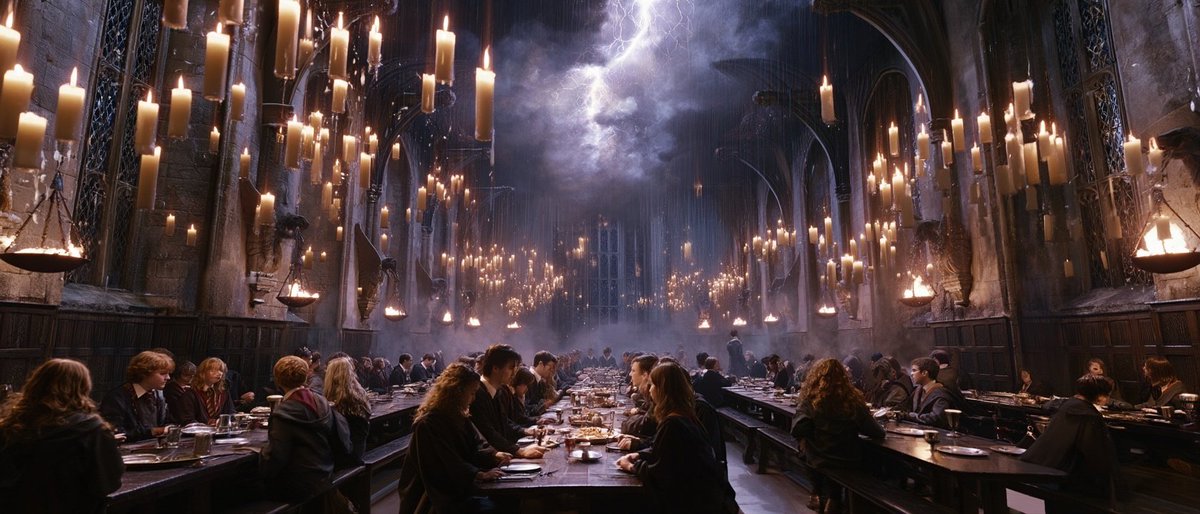 Hogwarts Great Hall during a thunderstorm