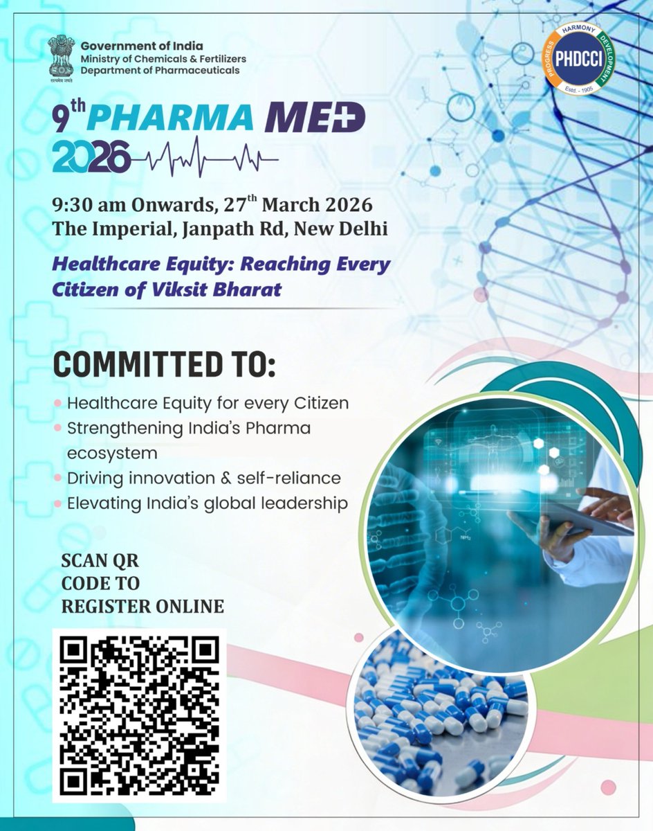 Pharmadept's tweet photo. 9th Pharma Med 2026!

Premier PharmaMed Event for India’s pharmaceutical sector is set to be hosted by PHDCCI in collaboration with the Department of Pharmaceuticals, Ministry of Chemicals & Fertilizers, Government of India. 

PharamaMed brings together policymakers, industry leaders, researchers, academia, and global stakeholders to deliberate on key issues shaping the future of the pharmaceutical industry.

Date : 27th March 2026
Time : 9:30 Onwards
Venue: The Imperial, Janpath Road, New Delhi

Theme: Healthcare Equity: Reaching Every Citizen of Viksit Bharat

Registration link: https://t.co/Qq9GRRseJ2