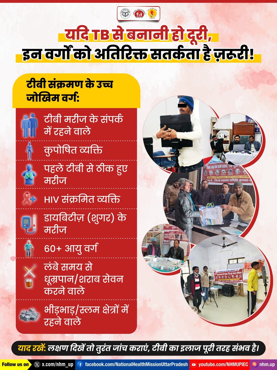 🔴⚠️सतर्क रहें, सुरक्षित रहें — क्योंकि TB किसी को भी हो सकता है! 
यदि आप टीबी मरीज के संपर्क में रहते हैं, कुपोषित हैं, पहले टीबी से ठीक हो चुके हैं, HIV संक्रमित हैं, लंबे समय से धूम्रपान या शराब का सेवन करते हैं अथवा भीड़भाड़ वाले क्षेत्रों में निवास करते हैं — तो आपको टीबी
