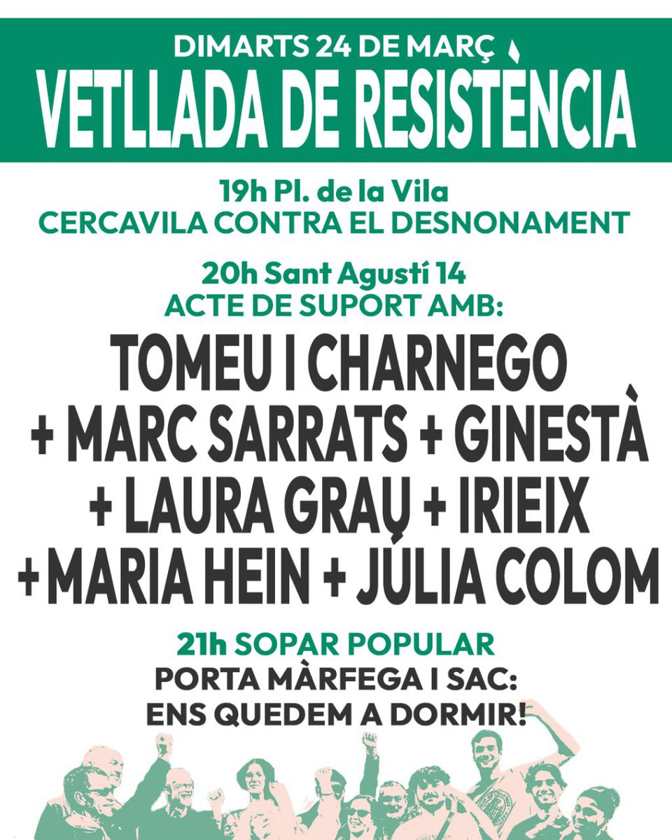 Eskapulats's tweet photo. AVUI COMENÇA LA RESISTÈNCIA, DEMÀ ATURAREM EL DESNONAMENT!

Gràcia vs. Colivings 
25/03 Bloc Sant Agustí 7:30h https://t.co/8sfUq1gk5O