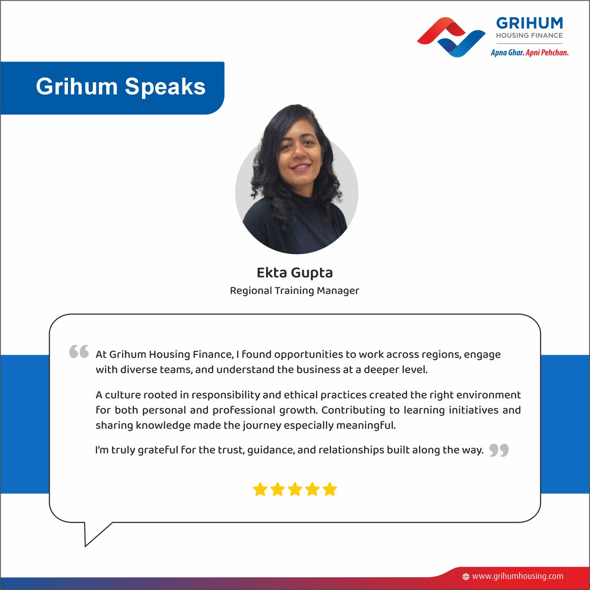 Every journey tells a story.
Of learning. Of collaboration. Of trust.

Ekta Gupta shares what her time at Grihum has meant — from cross-regional exposure to building meaningful professional relationships.

Because at Grihum, growth is a shared experience.

#grihumhousingfinance
