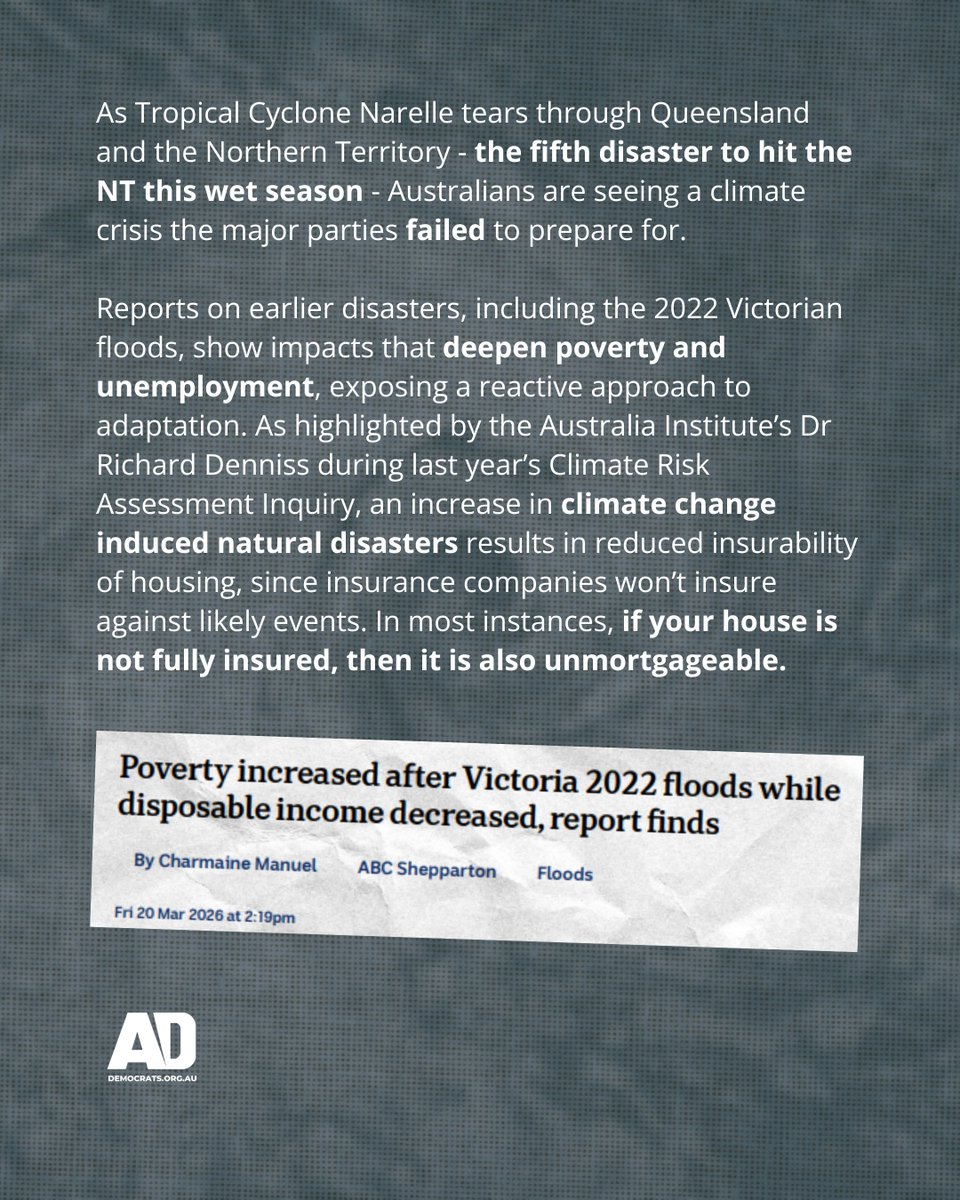 TheAusDemsGuy's tweet photo. An incredibly interesting read from our Victorian team... If insurers can’t cover it, housing security fails. The insurance safety net is rapidly failing Australians, but the Democrats have a plan. 

The policies referenced in this post can be found here: https://t.co/k6WSX25TUb https://t.co/bW3Sk3UJAb