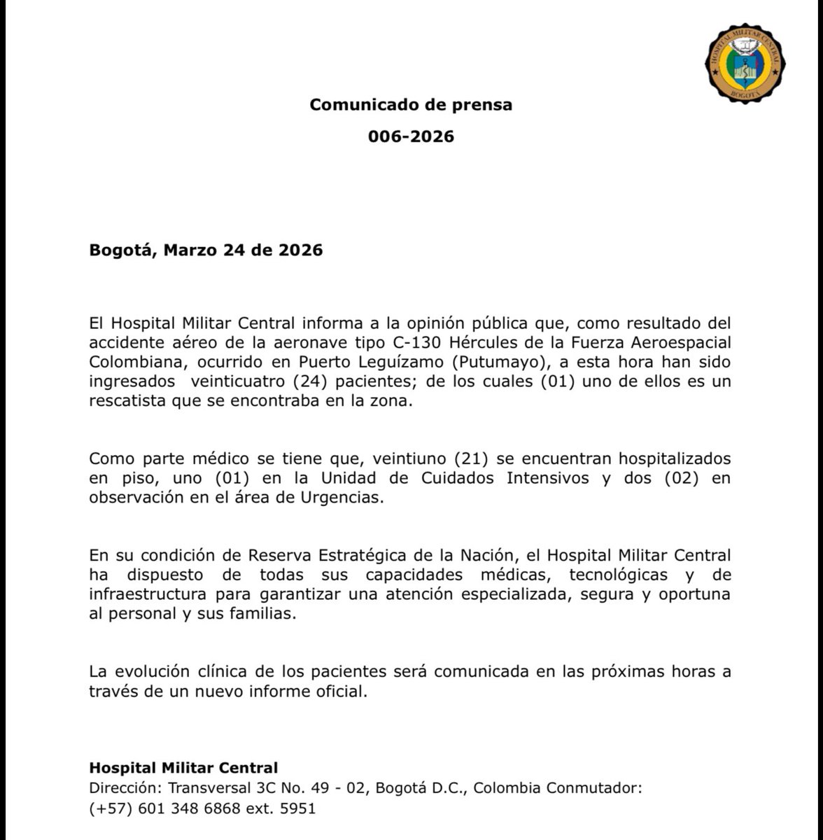 Atentos: El <a href="/HOMILCOL/">Hospital Militar Central Colombia- HOMIL</a> informa que 24 de los heridos tras el accidente de un avión Hércules en Puerto Leguízamo, Putumayo, están en ese centro asistencial. Vía <a href="/BluRadioCo/">BluRadio Colombia</a>