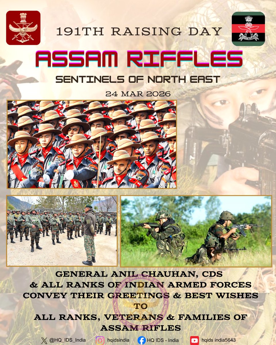 HQ_IDS_India's tweet image. Sentinels of the North East.

General Anil Chauhan, #CDS and All Ranks of the #IndianArmedForces convey best wishes to All Ranks and Families of #AssamRifles on the occasion of Raising Day.
Their unwavering dedication, courage and service to the Nation continues to make us proud.