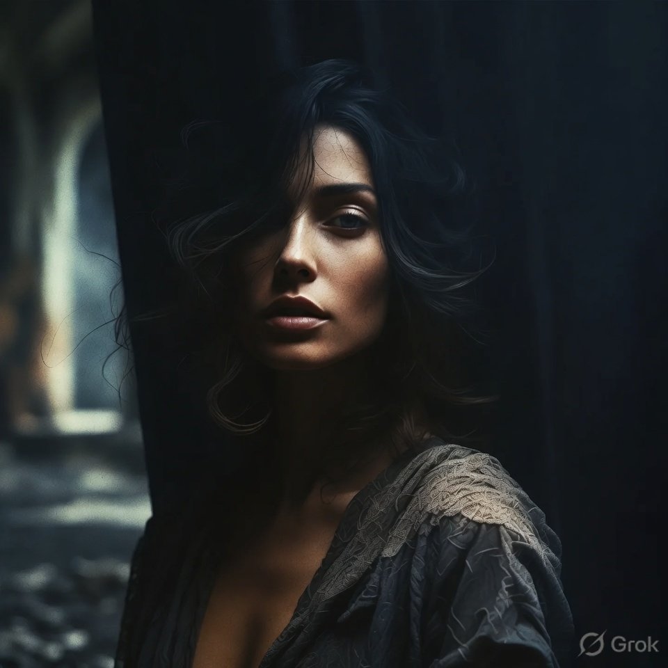 Whispers from the velvet void... She lingers where moonlight kisses forgotten lace, her touch a secret between shadows and skin.