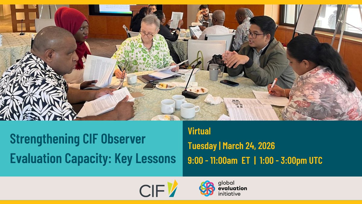 BetterEval's tweet image. 📢 Webinar TODAY

Join @CIF_Action &amp;amp; @GEI_GlobalEval to explore lessons &amp;amp; insights from strengthening the #evaluation capacity of CIF Observers–representing civil society, Indigenous Peoples’ organizations &amp;amp; the private sector.

🗓️March 24, 9–11 AM (ET)
👉bit.ly/4uJy71X