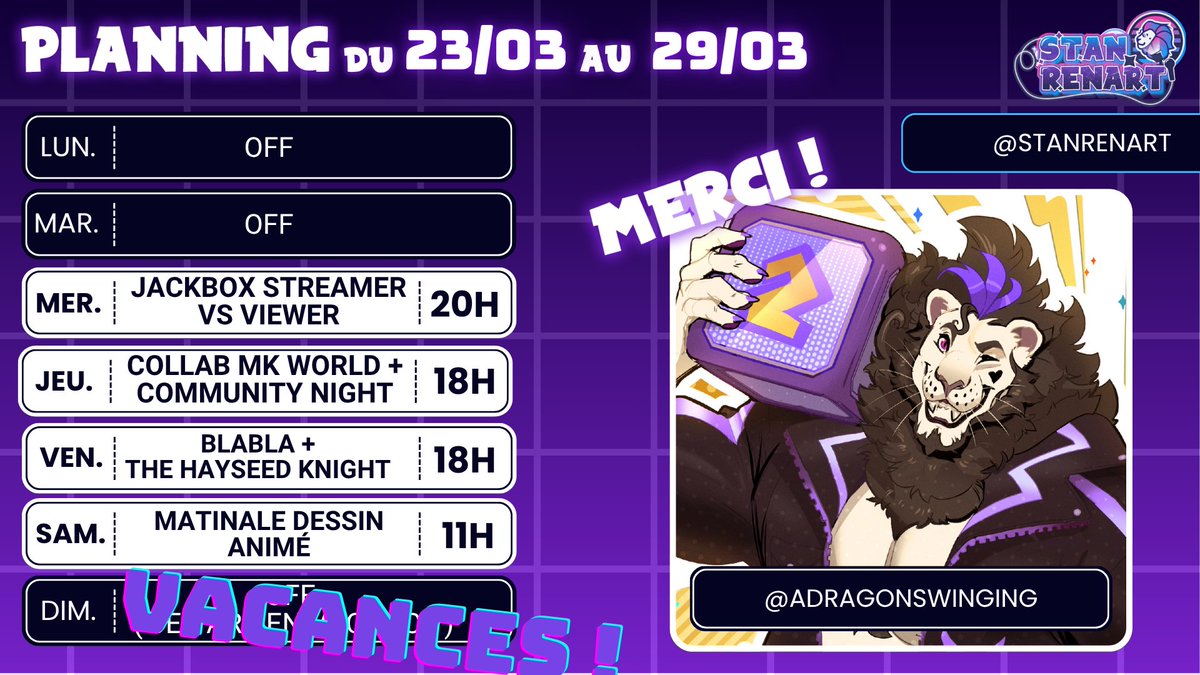 🌟PLANNING 🌟

Dernière semaine de stream avant les vacances ! ❤️‍🔥

Il y a de la collab , on va essayer de finir les LP , on va se dire au revoir avec des dessins animés et jouer ensemble ! 🦁💜

Puis on teasera un truc chouette pour le retour en avril 👀✨