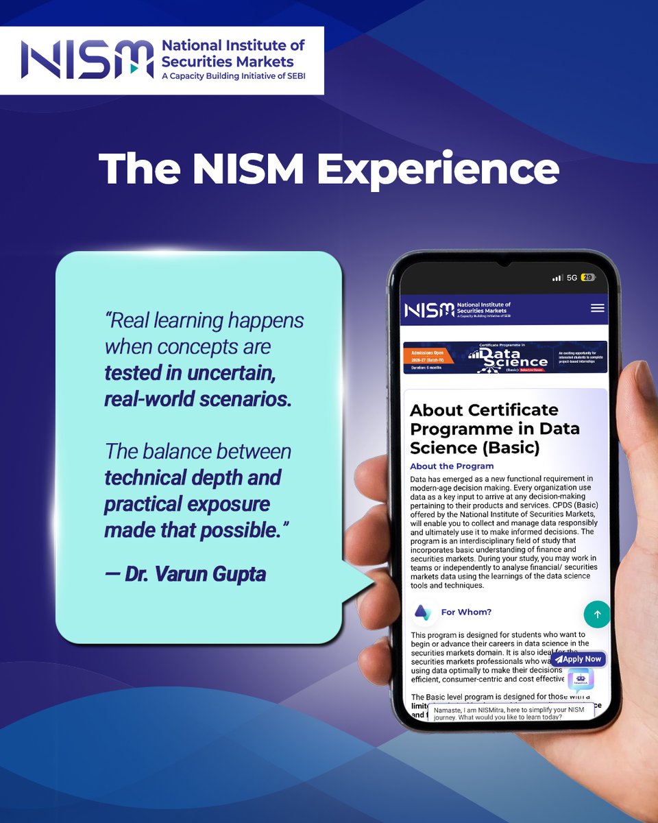 NISM_Official's tweet photo. Hear directly from our learners about the CPDS (Basic) program.

#NISM #DataScience #CPDSBasic #StudentVoices #FinancialMarkets #LearningExperience #CareerGrowth #TheNISMExperience #Testimonial https://t.co/e12GoSyvB5