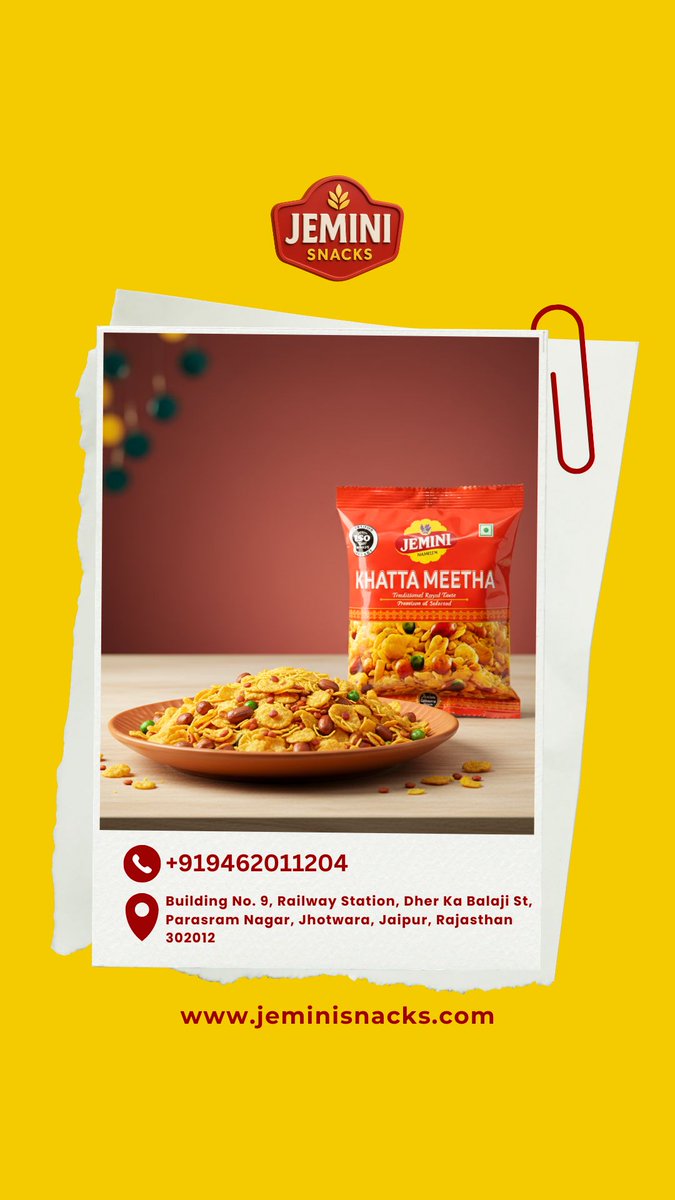 Jemini_001's tweet image. Taste Jo Dil Jeet Le ❤️

📞 +91 9462011204
🌐 jeminisnacks.com

⭐ Highlights / Points:

#JeminiSnacks #KhattaMeetha #SnacksLover #IndianSnacks #TeaTimeSnack #JaipurFood #CrispySnacks #NamkeenLove #TastyBites #SnackTime