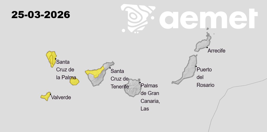 24/03 10:40 AVISOS HOY Y MAÑANA | Canarias: lluvias, tormentas y vientos. Nivel máximo de aviso: naranja.
Actualizaciones en aemet.es/es/eltiempo/pr…

Mensaje generado manualmente.