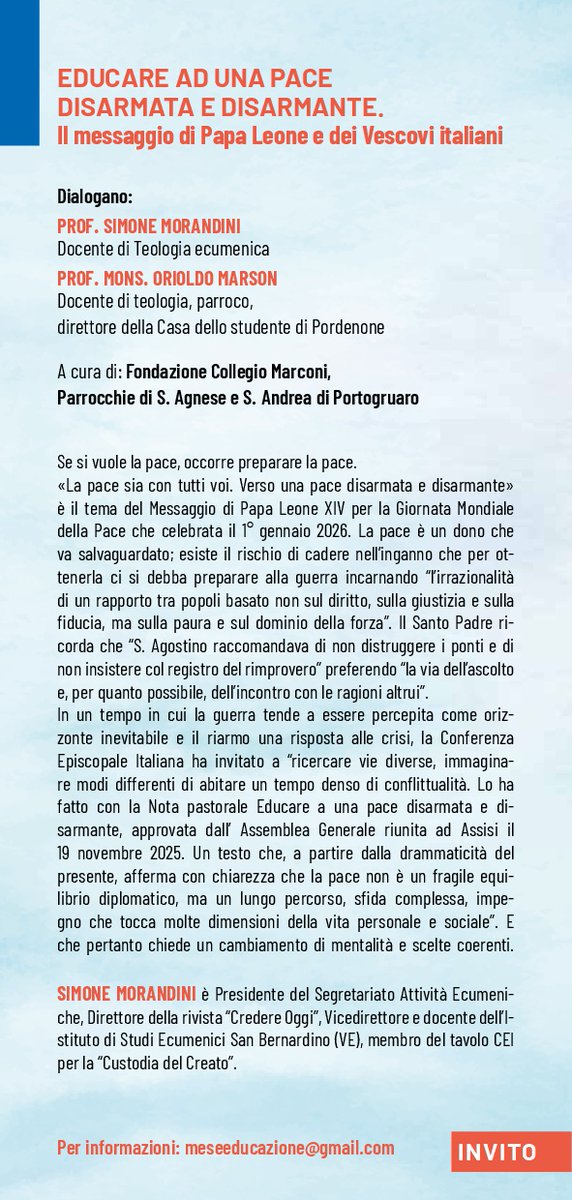 PortoCampus's tweet photo. MESE DELL'EDUCAZIONE 2026 𝐄𝐝𝐮𝐜𝐚𝐫𝐞 𝐚𝐥𝐥𝐚 𝐧𝐨𝐧 𝐯𝐢𝐨𝐥𝐞𝐧𝐳𝐚 𝐄𝐃𝐔𝐂𝐀𝐑𝐄 𝐀𝐃 𝐔𝐍𝐀 𝐏𝐀𝐂𝐄 𝐃𝐈𝐒𝐀𝐑𝐌𝐀𝐓𝐀 𝐄 𝐃𝐈𝐒𝐀𝐑𝐌𝐀𝐍𝐓𝐄 Martedì 24 marzo 2026 h 18
Biblioteca Antica - Fondazione Portogruaro Campus https://t.co/S9su0qKCP8