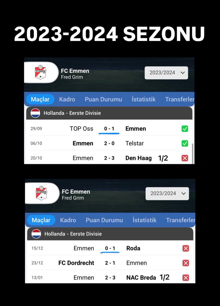 deltanaliz's tweet image. 🇳🇱EMMEN-CAMBUUR   1/2 &amp;amp; 2/1 

👉🏻EMMEN son 2 sezon ve bu sezon 0-1 Skor çıkarıp 1 maç pas geçtikten sonra 1/2 veya 2/1 yapmış (ÖRNEKLER GÖRSELLERDE)

👉🏻EMMEN bu sezon üst üste 0-1,2-2 skorların ardına sürpriz yapmış(SON GÖRSEL)

📍3 SEZONDUR BAŞARILI OLAN SENARYO TESADÜF MÜ
