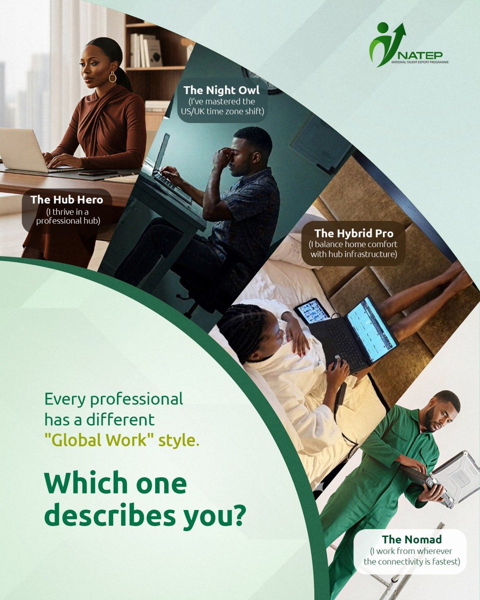 NATEPNigeria's tweet image. Operating in the global service market means finding the rhythm that keeps your productivity at 100%.

Which environment helps you deliver your best work?

Cast your vote below! 👇

#NATEP #DigitalEconomy #RemoteWork #BPO #ITES