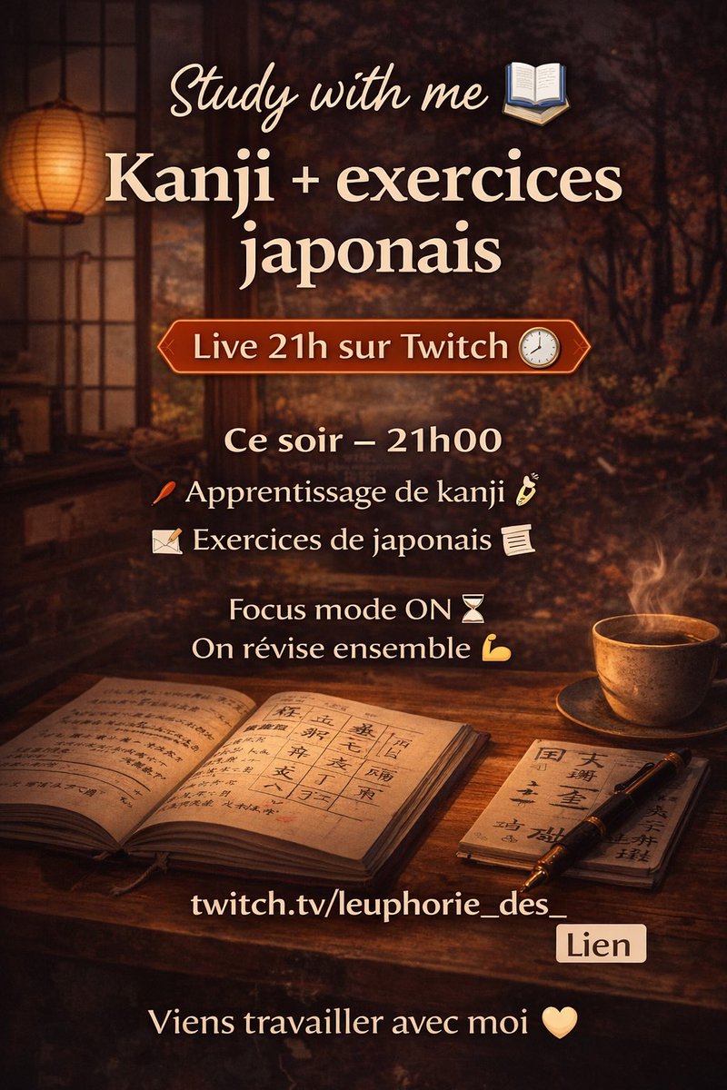 Live apprentissage Kanji et exercices de japonais by <a href="/Juudaichi/">Juudaichi・Le Japonais en Animés</a> sur <a href="/TwitchFR/">Twitch FR</a> 

⏰ LIVE à 21h00 
👉 twitch.tv/leuphorie_des_…

#pourtoi #logitech #fullwhite #TurtleBeachVulcanII #elgato #roccat #moodgaming #EDIFIER #SamsungG #NVIDIA