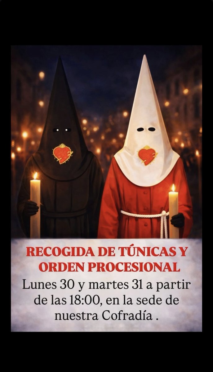 RECOGIDA DE TÚNICAS Y ORDEN PROCESIONAL 

🗓️ Lunes 30 y Martes 31
🕚 A partir de las 18:00 horas
📍Sede de nuestra Cofradía