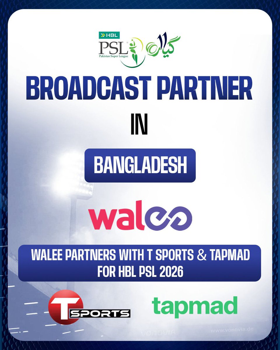 WaleePakistan's tweet photo. Walee Technologies is pleased to announce its broadcast partnerships in Bangladesh for HBL PSL 2026. 🏏📺

Through this collaboration, T Sports and Tapmad join as broadcast partners, bringing the excitement of the HBL Pakistan Super League to cricket fans across Bangladesh.

Expanding PSL’s global reach and strengthening connections with audiences across the region.
@tapmadtv 

#Walee #TSports #Tapmad #HBLPSL #PSL2026 #Cricket #Bangladesh #SportsBroadcast