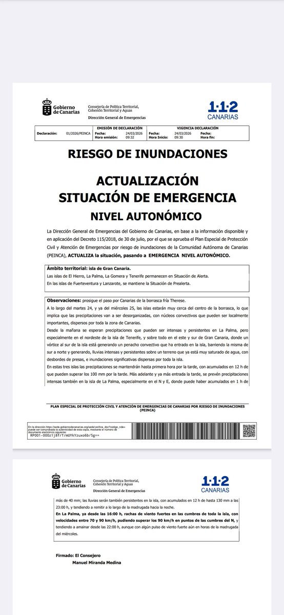 Carlobrusini's tweet photo. (10:50) 24/03

El Plan Especial de Protección Civil y atención de Emergencias por riesgo de inundaciones en la Comunidad Autónoma de Canarias (PEINCA) pasa a situación de EMERGENCIA en la isla de Gran Canaria.

��� Evita desplazamientos

Llamar al 1-1-2 exclusivamente en caso de emergencia. Si necesita algún tipo de información utilice el 012 y no el 1-1-2.
