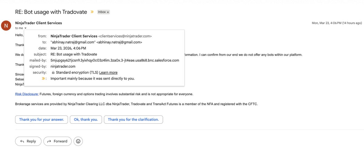 abhinaynatraj's tweet photo. @TakeProfitLLC Update: I asked Tradovate if bots are possible on their platform. Their response: 'We do not have any bots built into our platform. I can confirm from our end we do not offer any bots within our platform.' TPT says I used a bot. The platform itself says bots aren't possible. https://t.co/5ApKcgjqxi