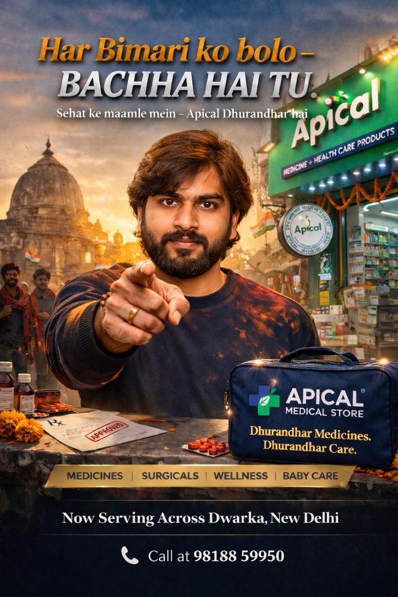 ApicalEntp's tweet photo. Har Bimari ko bolo - Bachha hai tu. 💪💊 Sehat ke maamle mein compromise nahi.
@ApicalEntp #Medicine Store brings U trusted medicines, expert guidance &amp; fast service right in Ur neighbourhood.
100% Authentic Medicines
📍 Now Serving Across Dwarka, New Delhi  WhatsApp: 98188 59950 https://t.co/QIlW1ZmEyE