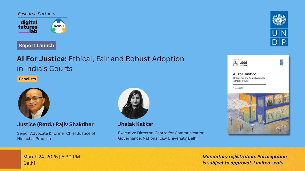CCGNLUD's tweet photo. #HappeningToday
Our ED @JhalakKakkar will be speaking on the panel today, at the launch of the “AI for Justice: Ethical, Fair and Robust Adoption in India’s Courts” report by DAKSH in collaboration with Digital Futures Lab, supported by the United Nations Development Programme (UNDP in India).
@daksh_india @DigiFuturesLab @UNDP_India