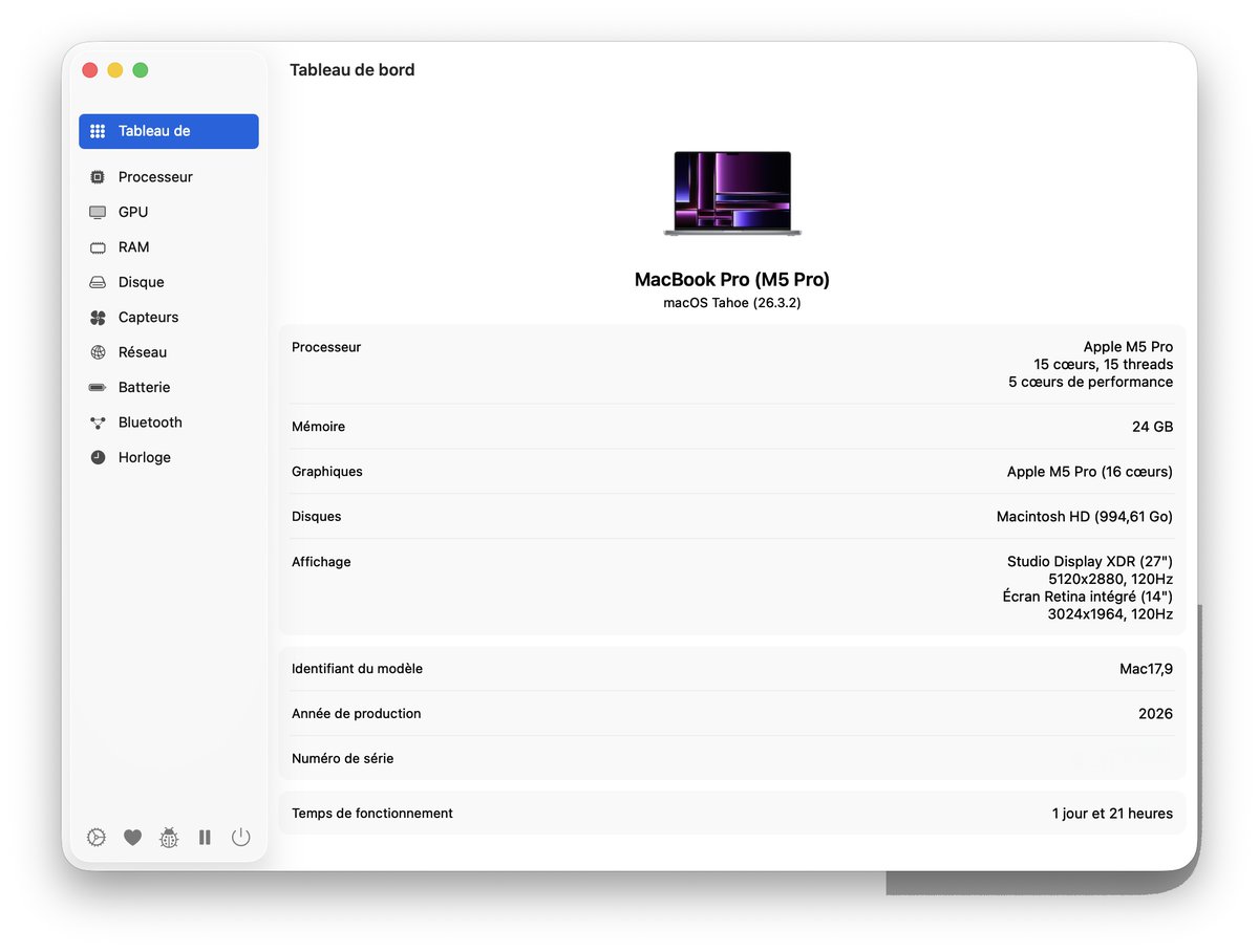 sergelotz's tweet image. Mon combo #MacBookPro #M5Pro et #StudioDisplayXDR c'est vraiment le top ! Je vais juste up ma config de test avec une version 48 Go de ram du #MBPro... Cc @Apple #Apple