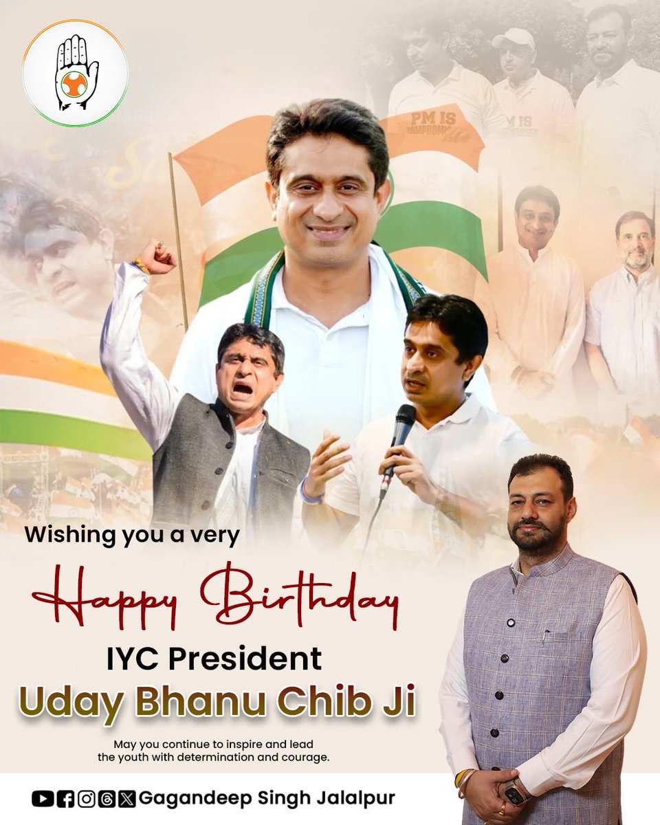 “Wishing a very Happy Birthday to <a href="/IYC/">Indian Youth Congress</a> President Uday Bhanu Chib Ji.
Your dedication and leadership continue to inspire the youth of our nation. May you keep guiding us towards progress and unity.”