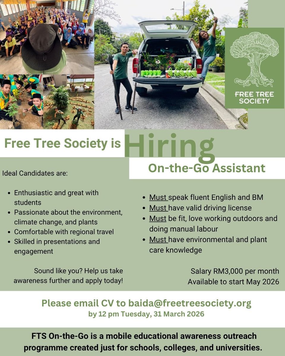 JOB ALERT!
Free Tree Society is looking for someone who 
🌱 can run workshops and give talks at schools
🌱 can help manage a small plant nursery
🌱believes in shaping young minds for a greener future!
Details in the poster. Please RT and help us find our new teammate!
