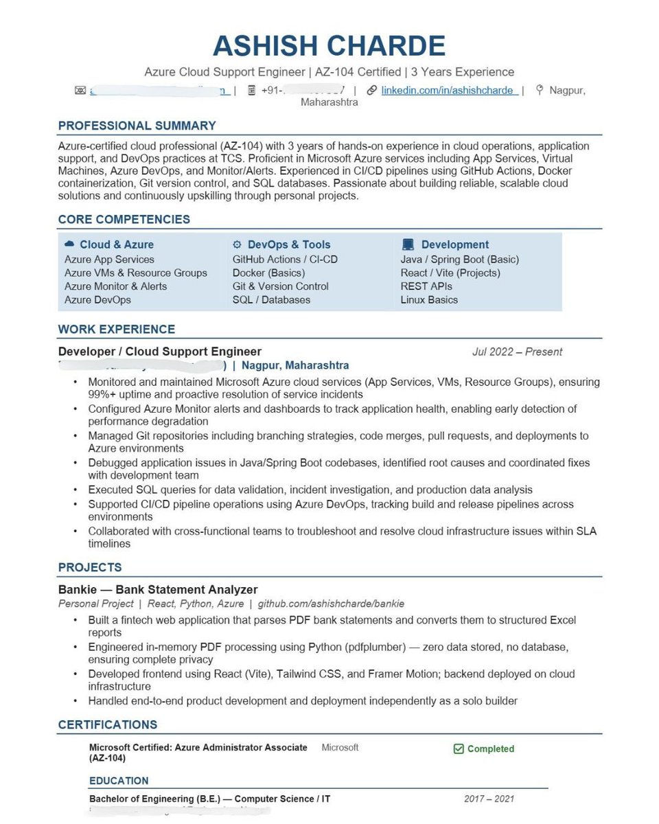itzashish007's tweet photo. 3 years at TCS working on Azure cloud operations. AZ-104 certified. Built a fintech product on the side.
Now looking for Azure Cloud Support software Engineer roles.
If your team is hiring or you know someone-DM me
#OpenToWork #Azure #CloudSupport #AZ104 #buildinpublic #hiring https://t.co/x4eeclDhAR