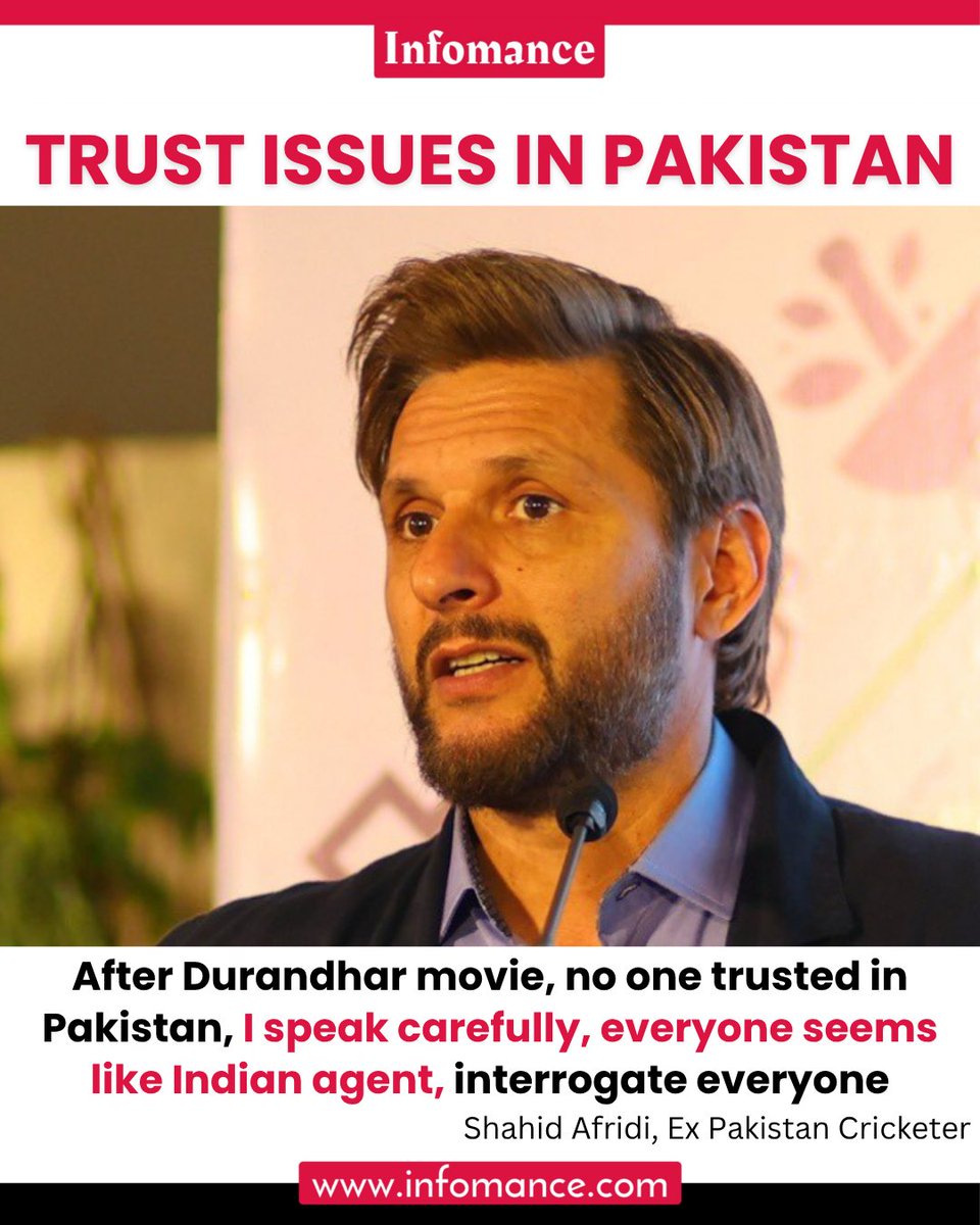 theInfomance's tweet photo. Former cricketer Shahid Afridi shared a strong reaction after the release of the movie Durandhar. He said the film has created fear and mistrust among people in Pakistan. According to him, people have started doubting each other and feel anyone could be an Indian agent. https://t.co/cXcKyGAMoO