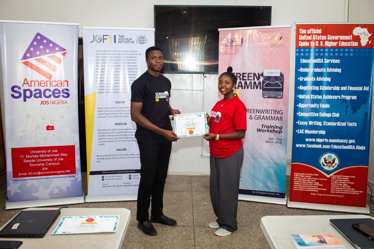 DAY 5/6 – ScreenGramm 2026
Finale

2 Creative Sessions:
-Responsible Citizenship led by Mr Eddie Oguns
-Intellectual Property by Mrs Mayo Mafulul
-Presentation of Certificates

#Screenwriting
#Storytelling
#JOFII
#CreativeEducation
#WindowOnAmerica
#YouthVoices 
#EmbassySupport