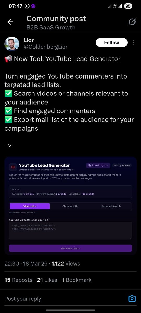 EdwardHowa8148's tweet photo. Found this today: YouTube Lead Generator that pulls engaged commenters and exports them as clean CSVs.  Perfect for B2B folks tired of scraping.  Built by @GoldenberLior
 1k+ views already.  If you’re doing YouTube outreach, this could save hours. Worth testing?  #B2BSaaS https://t.co/BI2EUAC6df