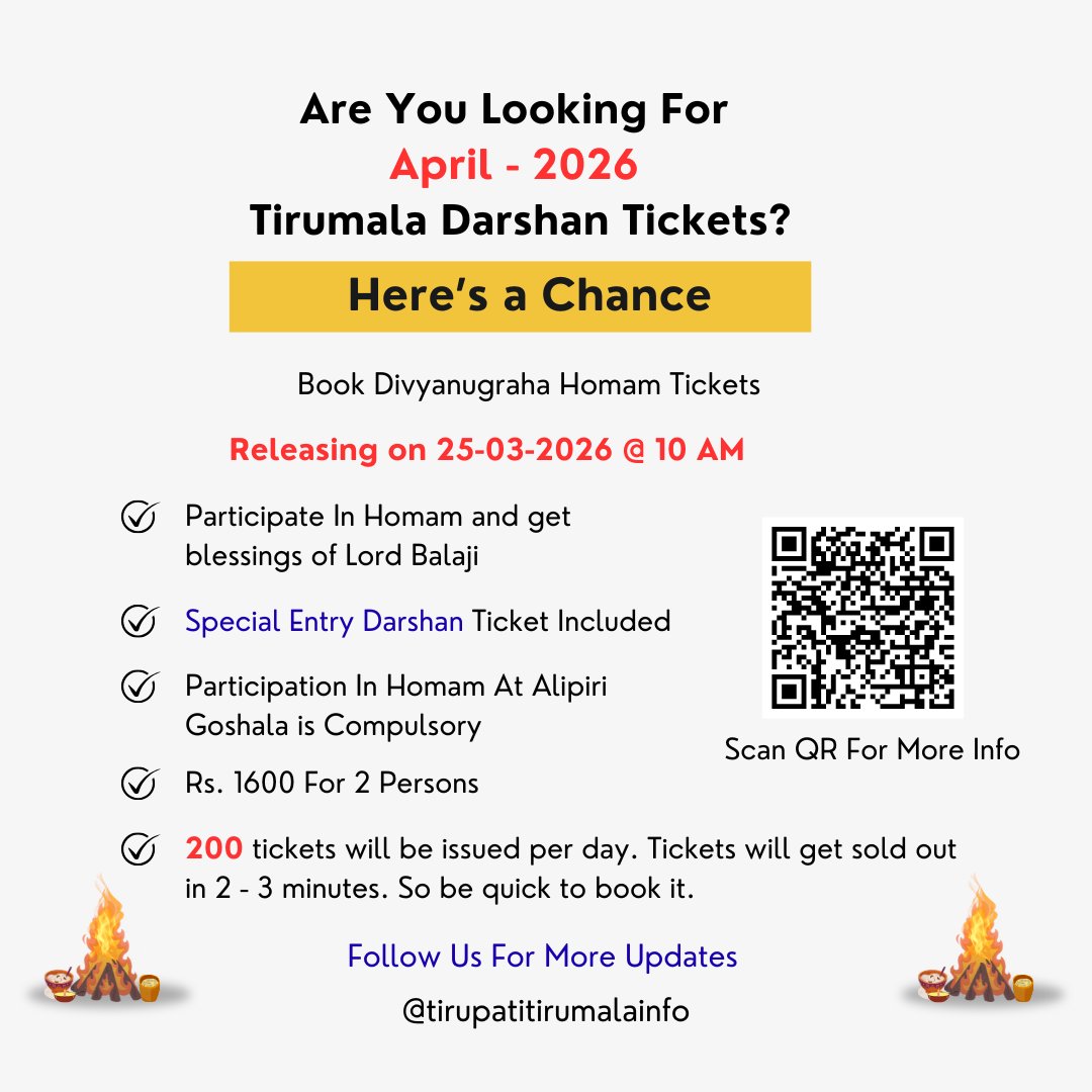 tirupati_info's tweet image. Are you looking for April Month Special entry darshan tickets. Here is the last chance to get it.

#homam #tirumaladarshan #tirumala #tirupati
